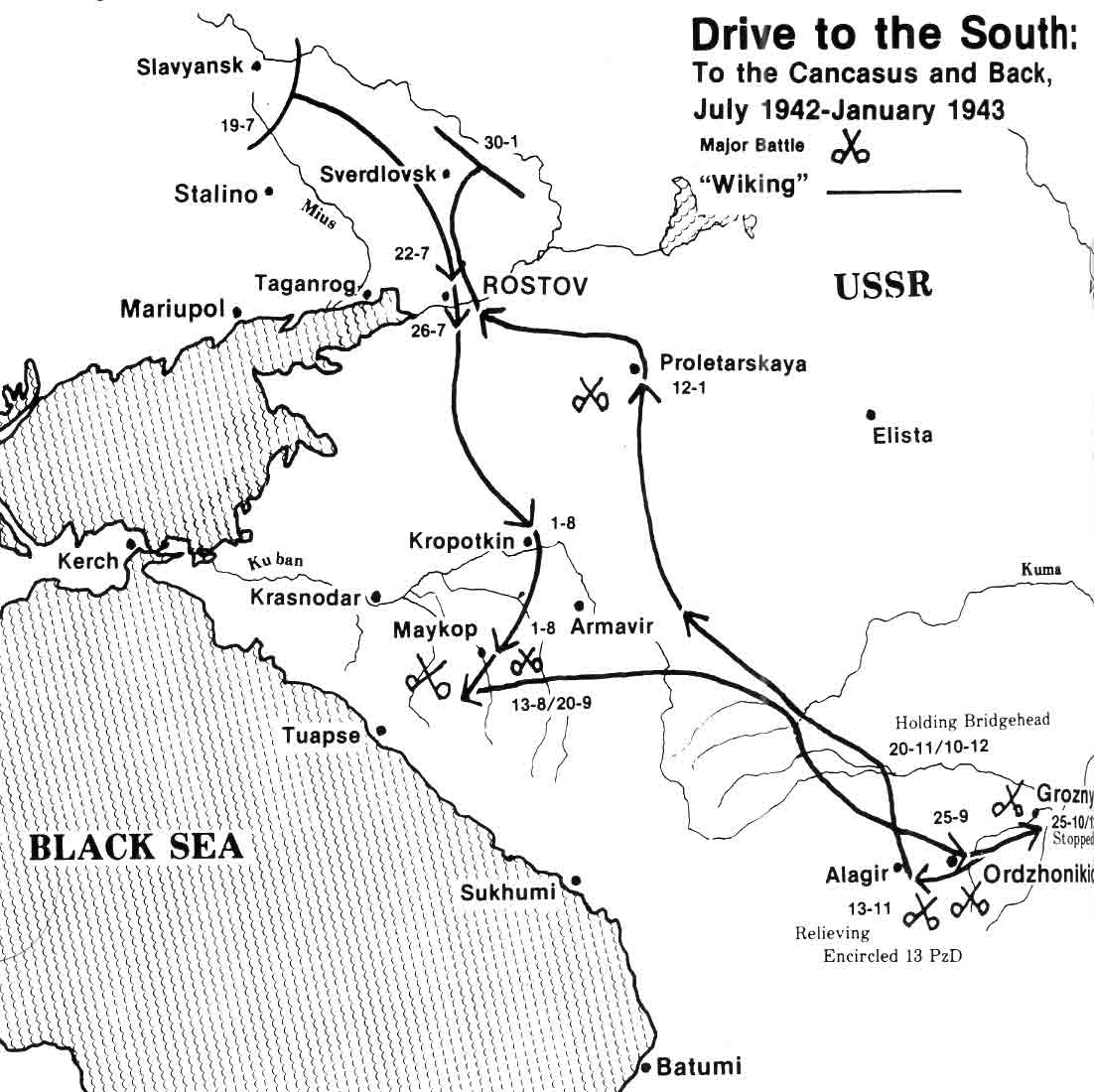 Карта немецкого Генштаба - наступление на Кавказ 1942-1943 гг. Карта немецкого Генштаба - наступление на Кавказ 1942-1943 гг.