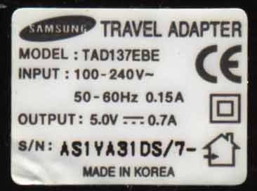 Samsung TAD137EBE этикетка блока питания Samsung TAD137EBE этикетка блока питания